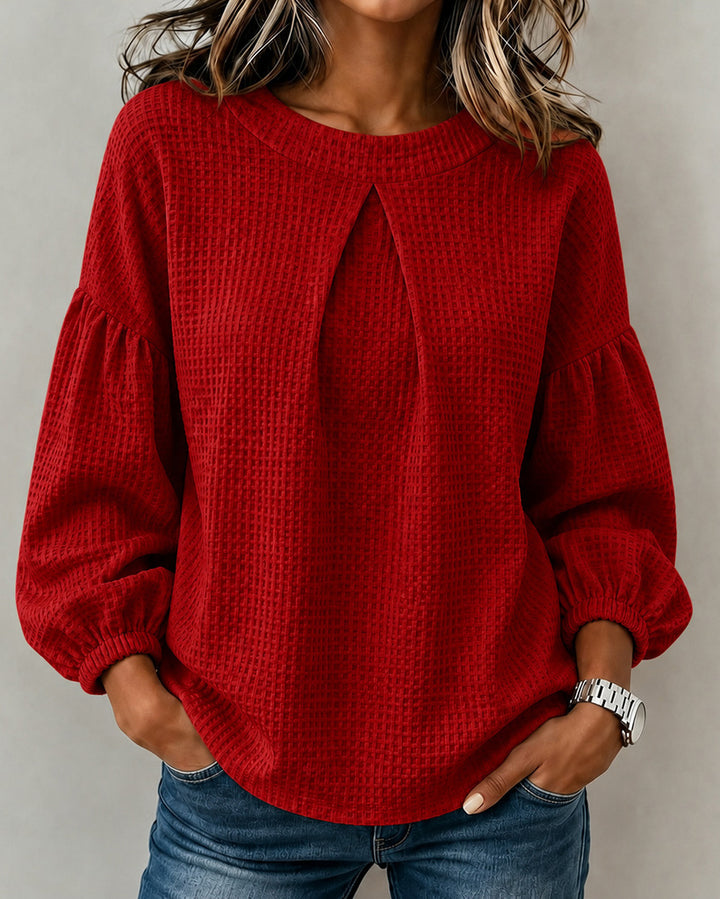 Lantern Sleeve Waffle Knit Round Neck Solid Color Long-sleeved Top