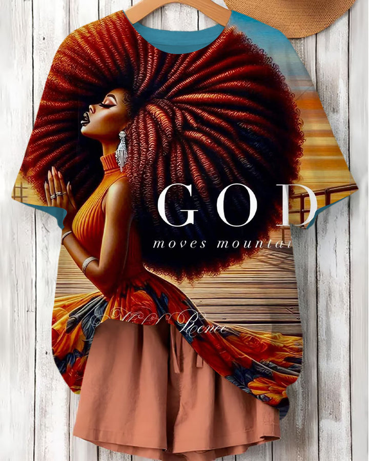 Afro-haired Praying Woman Print Crew Neck Short Sleeve T-Shirt