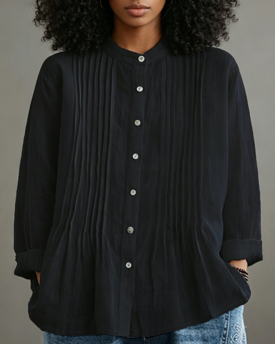 Casual Solid Color Pleated Long Sleeve Shirt