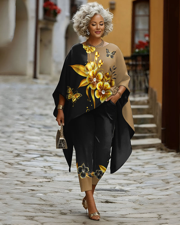 Color-blocked Flowers and Butterflies Print Crew Neck Loose Long Shirt and Drawstring Pants