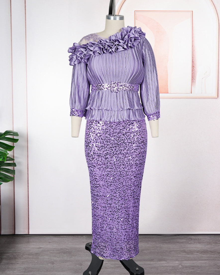 Plus‑Size Pleated Ruffle Peplum Sequin Maxi Dress