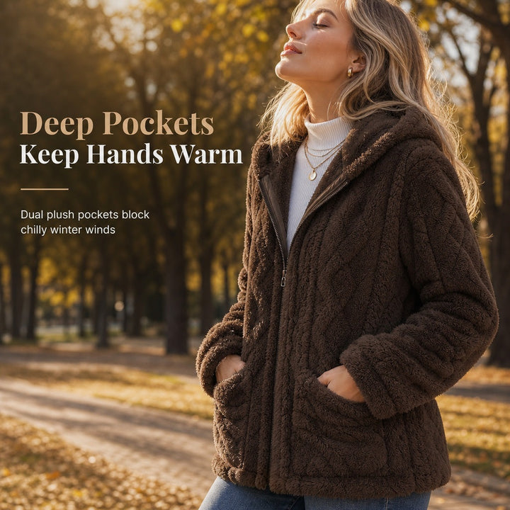Women's Hooded Sherpa Fleece Full Zip Cable Textured Jacket