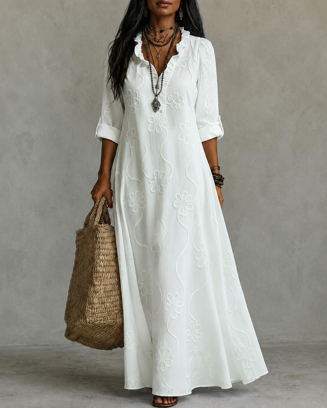 Fashionable Lace Cotton Linen Floral Print Dress
