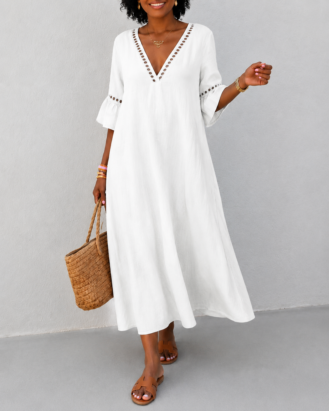 V-neck Solid Color Cotton and Linen Hollow-out Patchwork Dress