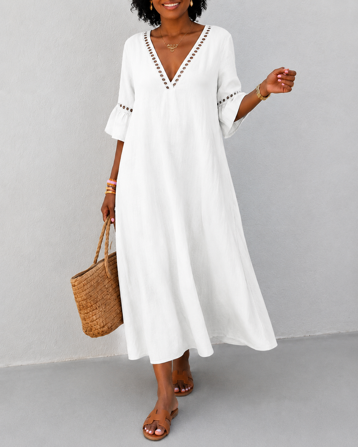 V-neck Solid Color Cotton and Linen Hollow-out Patchwork Dress