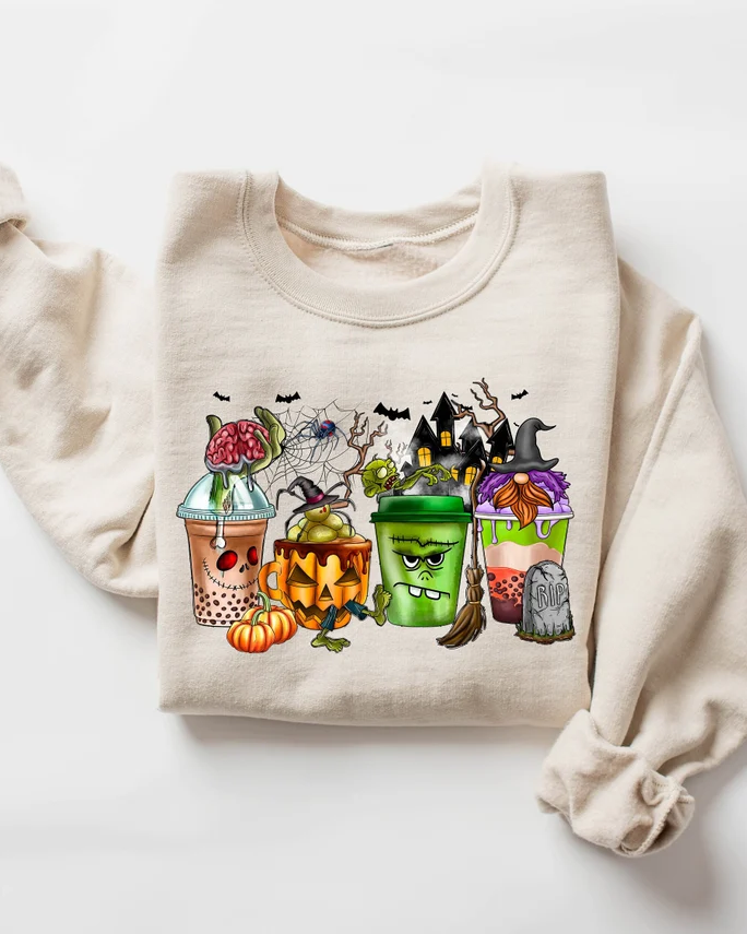 Halloween Gnomes Coffee Cup Cotton Long Sleeve Sweatshirt