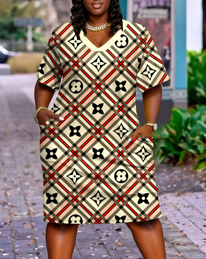 Geometric Flower Patchwork Casual V-neck Pocket Dress