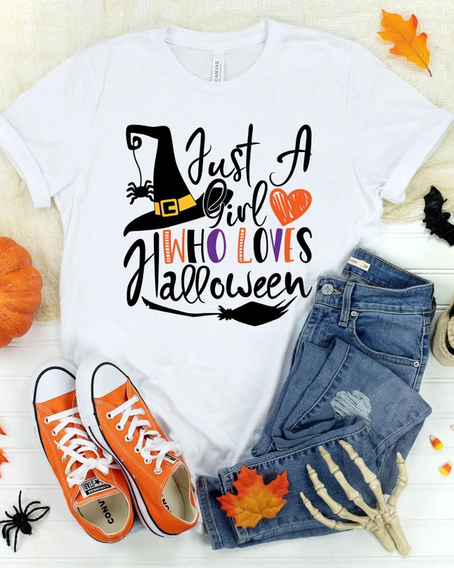 Just a girl who loves Halloween 100% Cotton Crew Neck Short Sleeve Tshirt