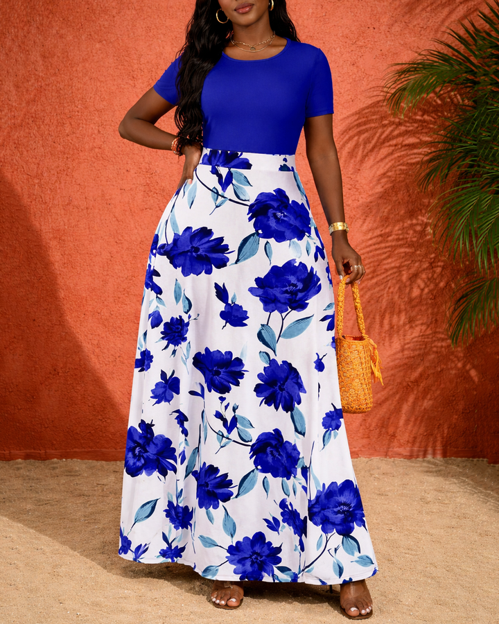 Blue Elegant Rose High-waisted Long Dress