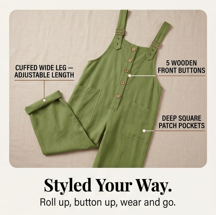 Solid Color Retro Cotton and Linen Pocket Loose Button-Front Overalls