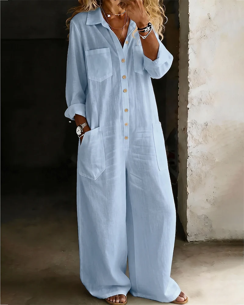 Cotton Linen Lapel Collar Casual Wide Leg Jumpsuit