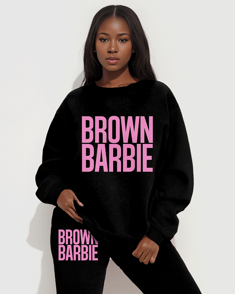 Colorblock Brown Barbie Print Long Sleeve Sweatshirt Two Pieces Set