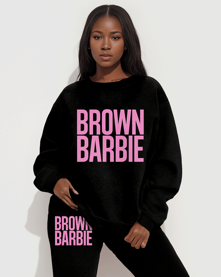 Colorblock Brown Barbie Print Long Sleeve Sweatshirt Two Pieces Set