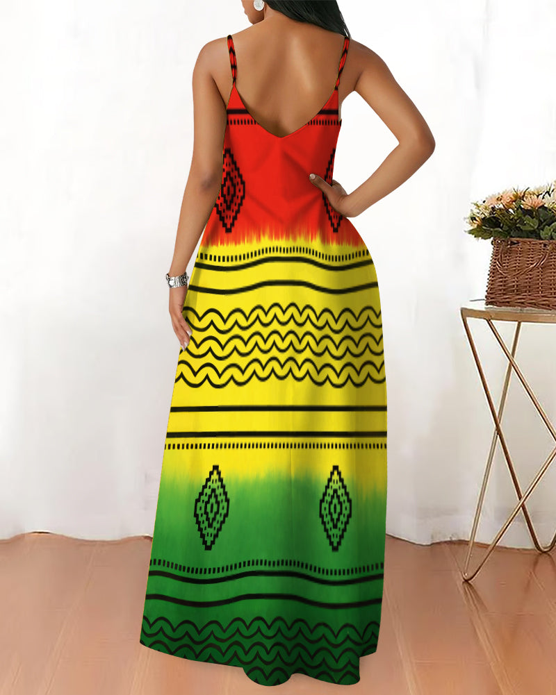 Sling Reggae Gradient Pattern Print Pocket Maxi Dress
