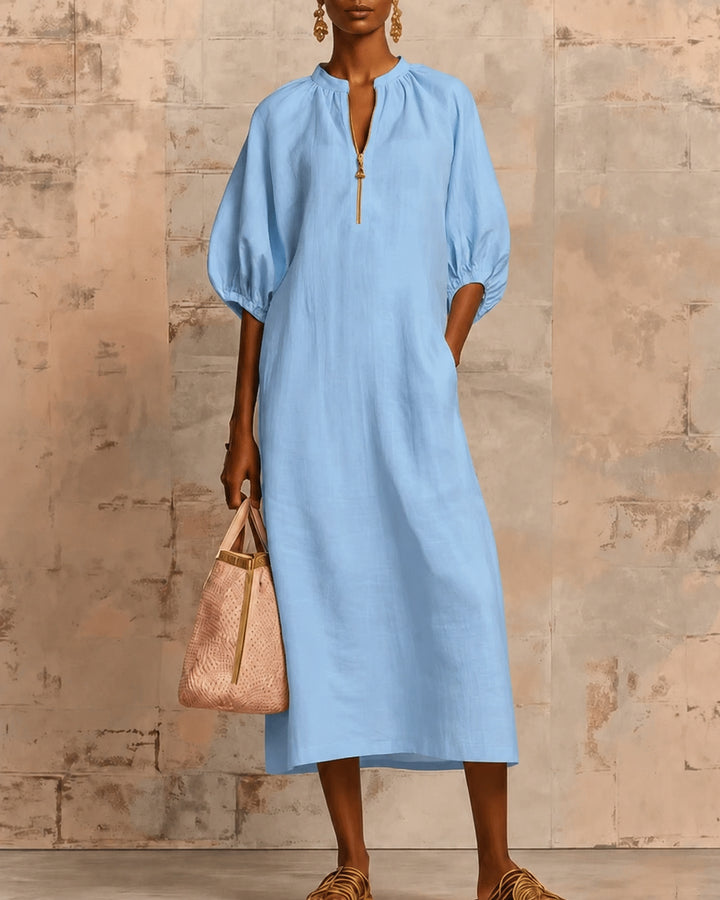 Solid Color Cotton and Linen Zipper Puff Sleeve Dress