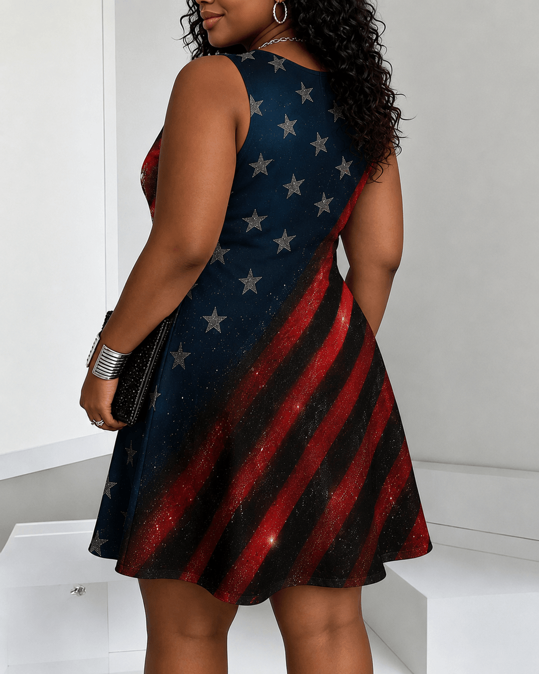 Flag Rose Cross Butterfly Rhinestone Print Round Neck Sleeveless Mini Casual Dress
