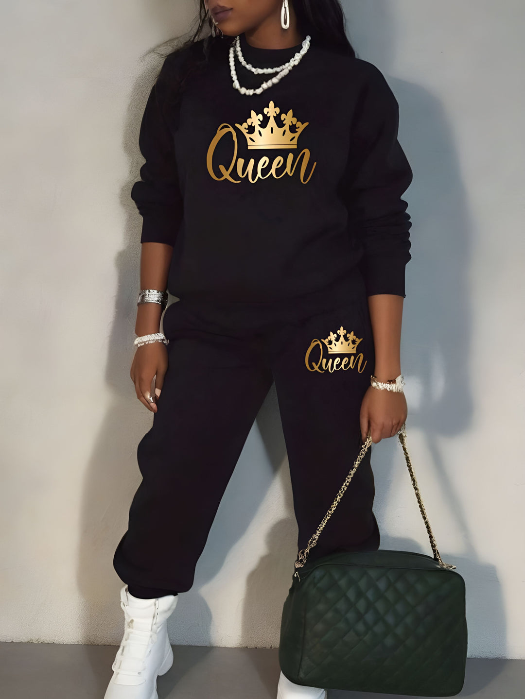 Crown Queen Crew Neck Sweatshirt Two Pieces Set