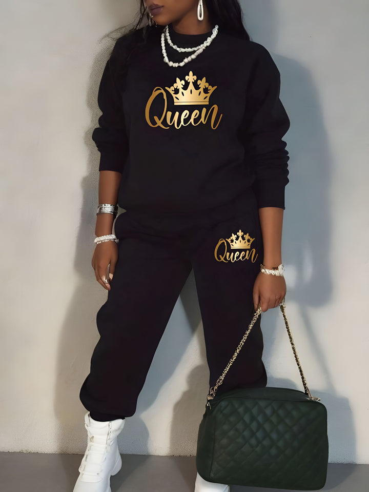 Crown Queen Crew Neck Sweatshirt Two Pieces Set