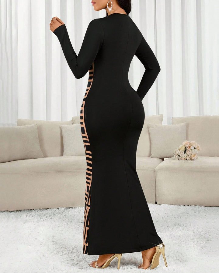 Striped Patchwork Round Neck Long Sleeve Bodycon Dress