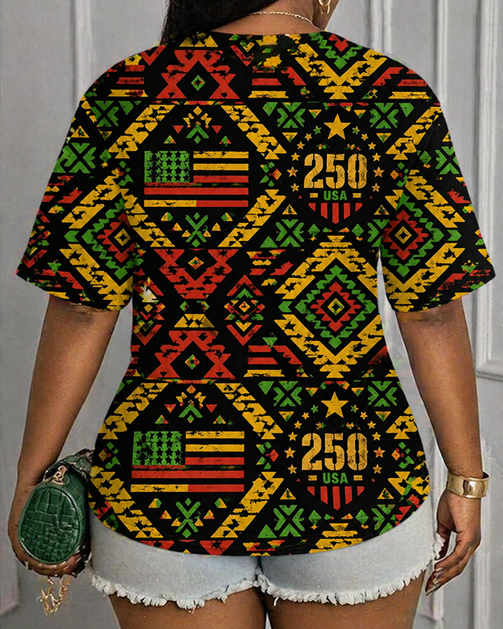 USA 250 Anniversary Reggae Color Ethnic Style Printed Round Neck Short Sleeve T-Shirt