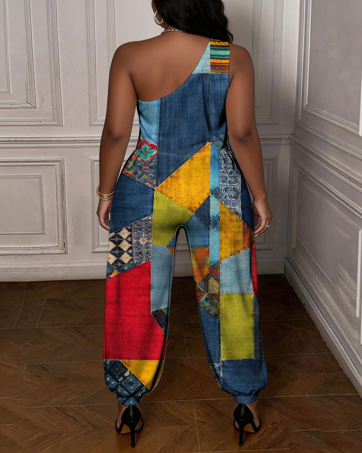 Denim Floral Patchwork Print One-shoulder Jumpsuit-- Not Faux Denim Fabric