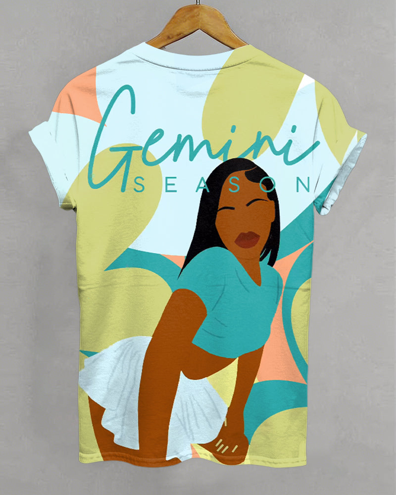 Gemini Cartoon Illustrations Print Crew Neck Short Sleeve Tshirt