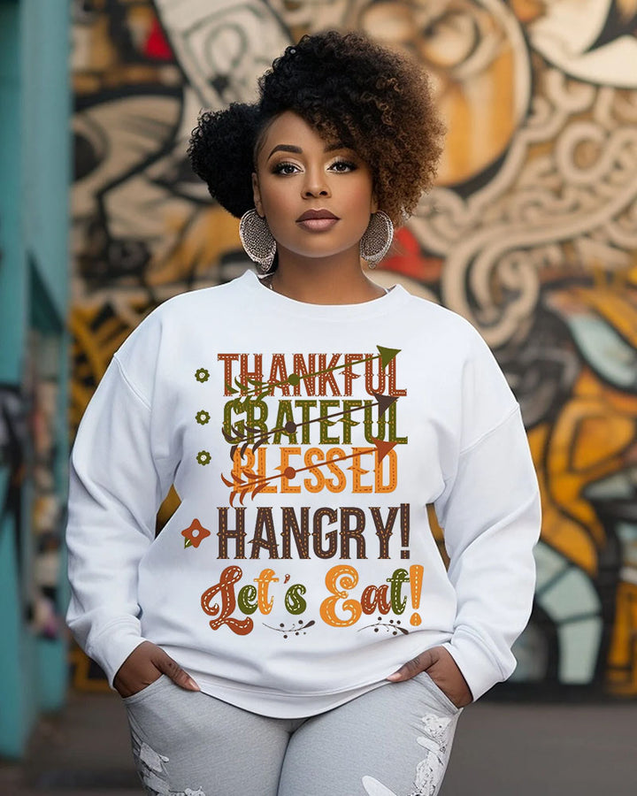 Thankful Grateful Blessed Print Crewneck Long Sleeve Sweatshirt