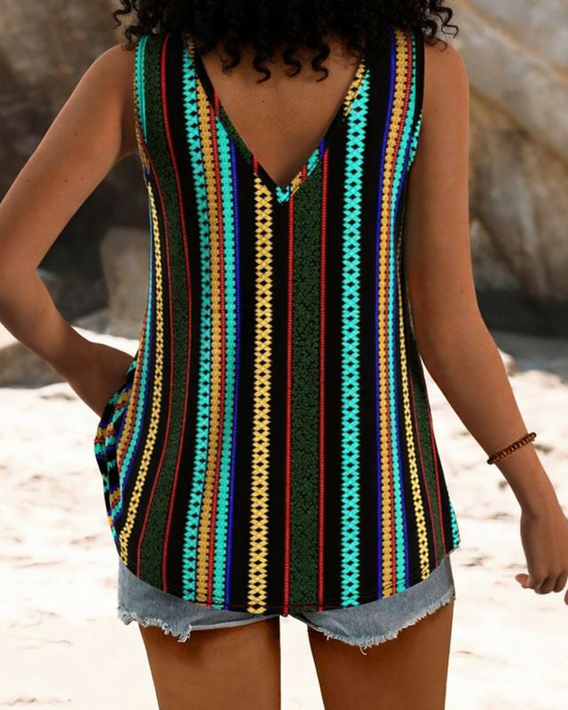 Bohemian Striped Patchwork Print Lace-up Design Casual Vest