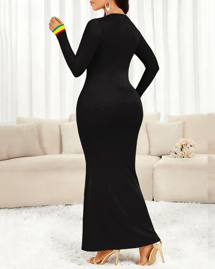 Simple Reggae Stripes Round Neck Long Sleeve Bodycon Dress