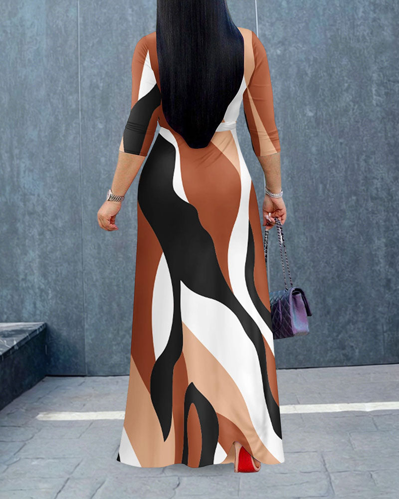 Irregular Striped Color Blocking Print V‑Neck Tie‑Strap Dress