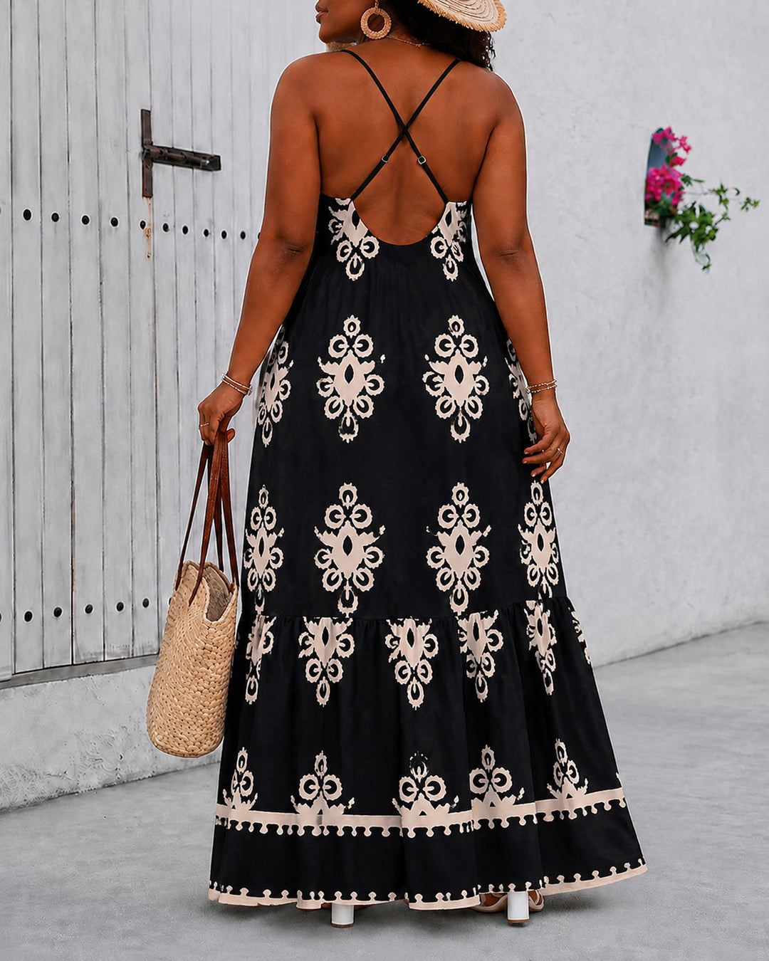 Bohemian Floral Stripes Printed Casual Criss-Cross Backless Maxi Dress