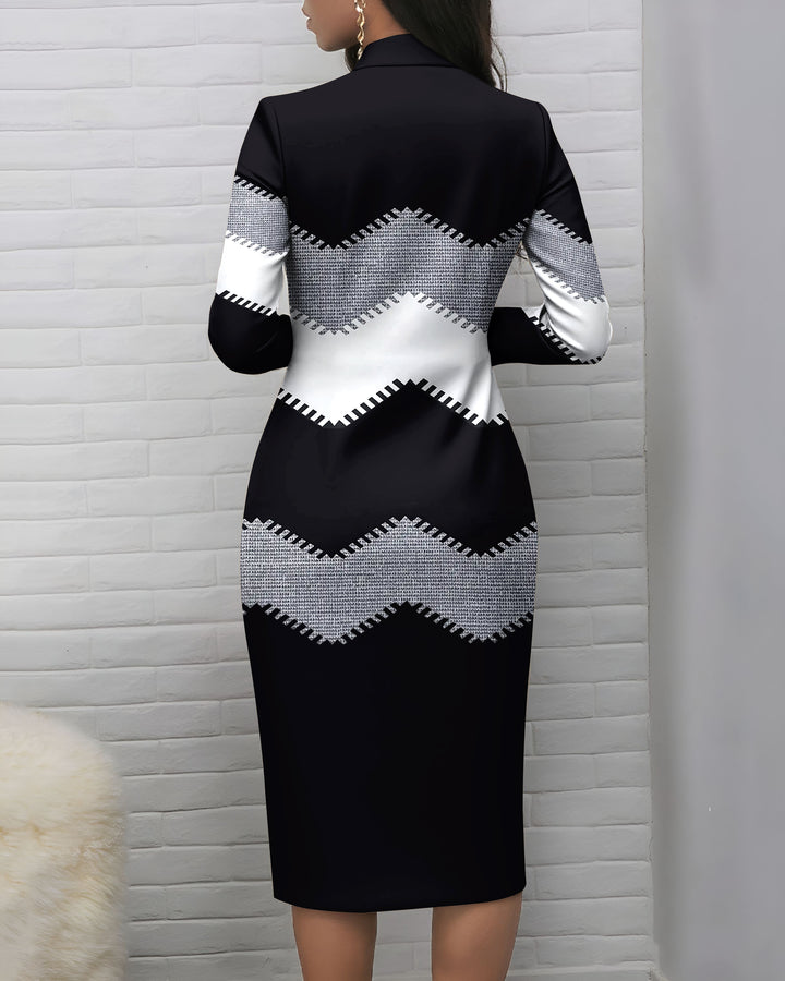Contrasting Curved Stripes Zipper Stand Collar Long Sleeve Bodycon Dress