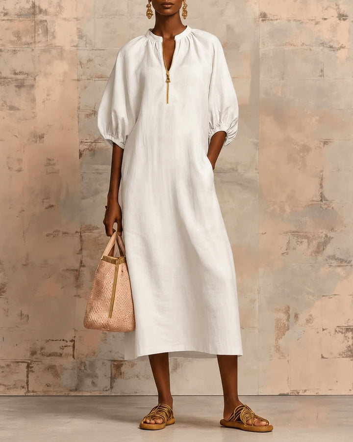 Solid Color Cotton and Linen Zipper Puff Sleeve Dress