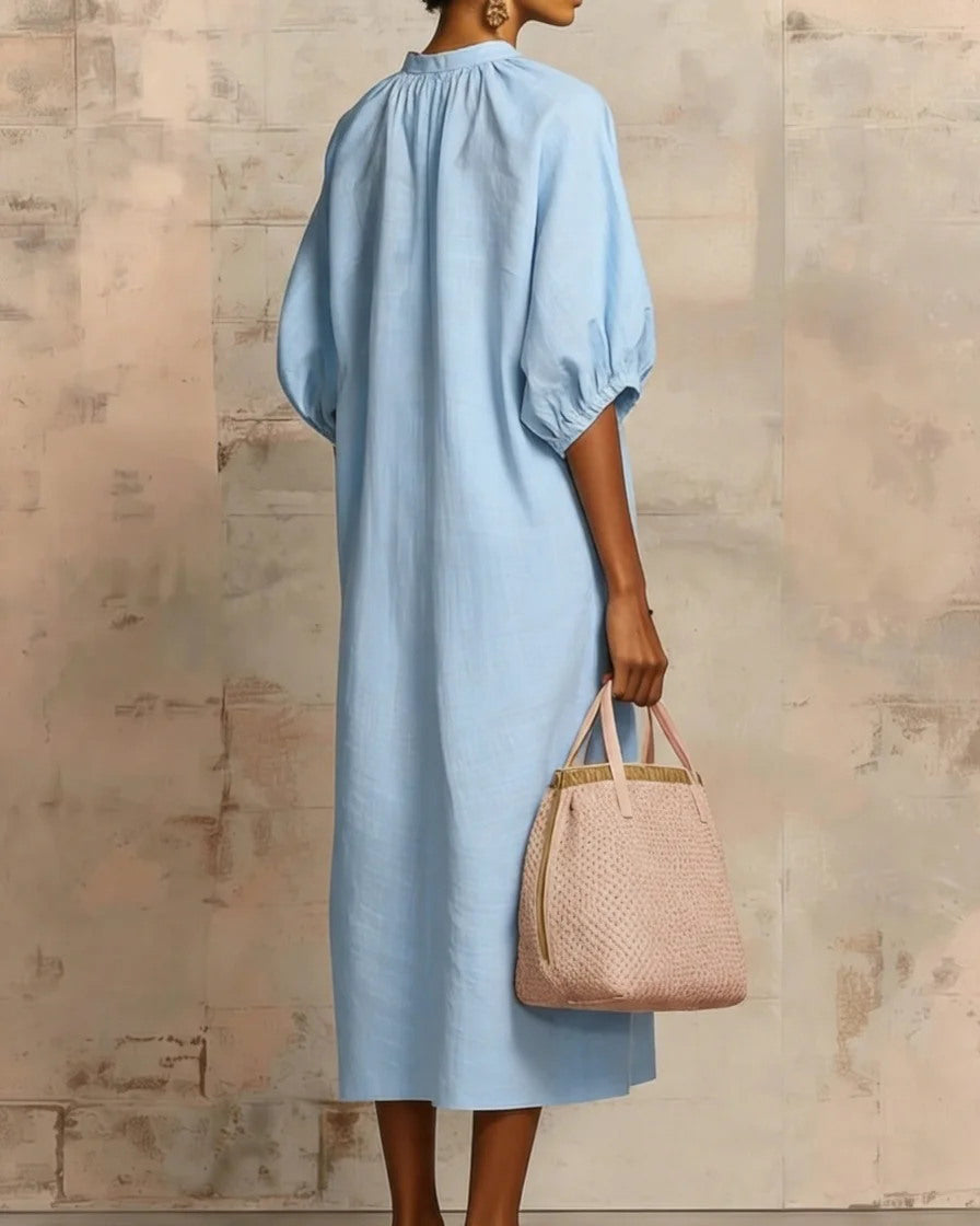 Solid Color Cotton and Linen Zipper Puff Sleeve Dress