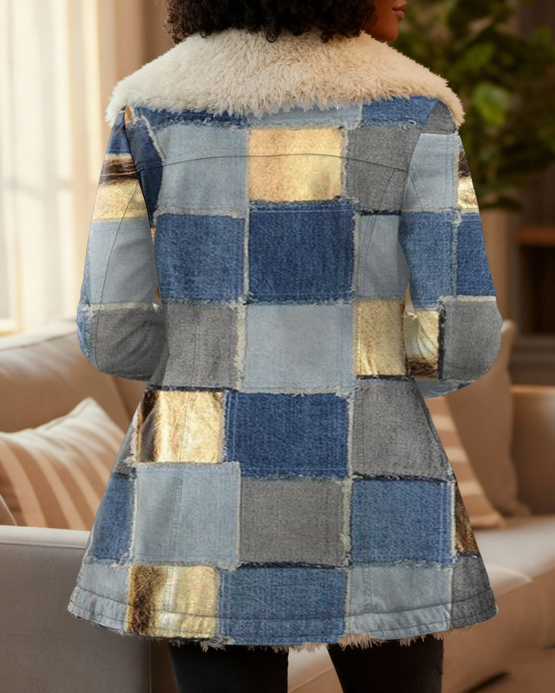 Denim Patch Print Plush Lapel Winter Mid-Length Coat