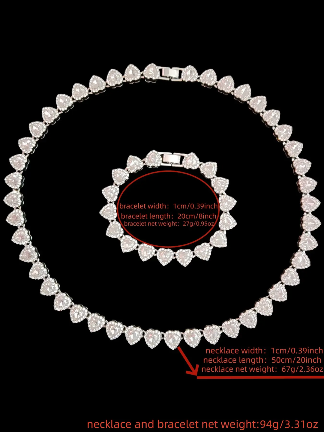 2Pieces/Set Bling Bling Love Heart Shape Chain Necklace and Bracelet