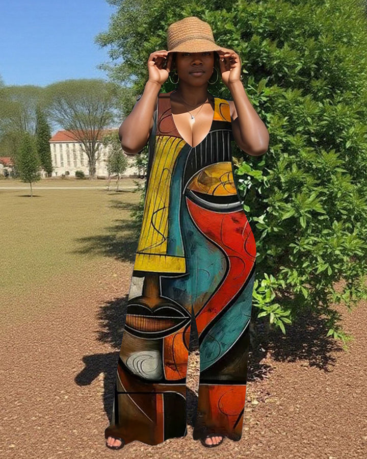 Abstract African Art Print V-Neck Hooded Sleeveless Jumpsuit