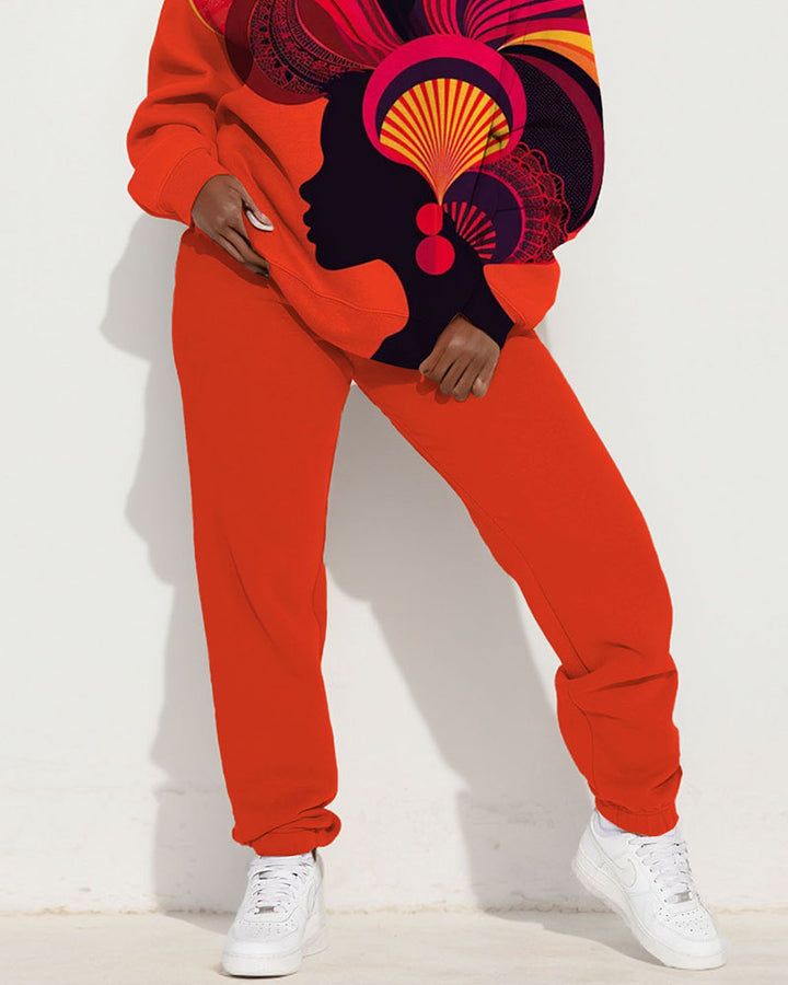 Chic Art Print Long Sleeve Crewneck Sweatshirt And Sweatpants Set