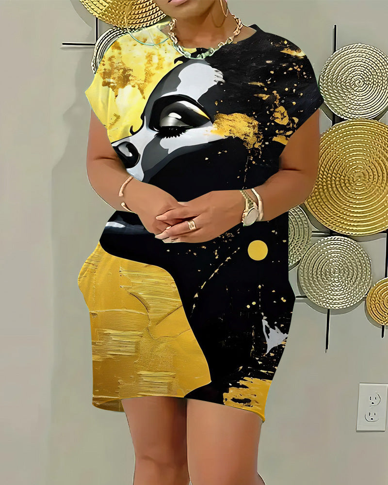 Crewneck Raglan-Sleeve Pocket Dress with Artistic Portrait Prints