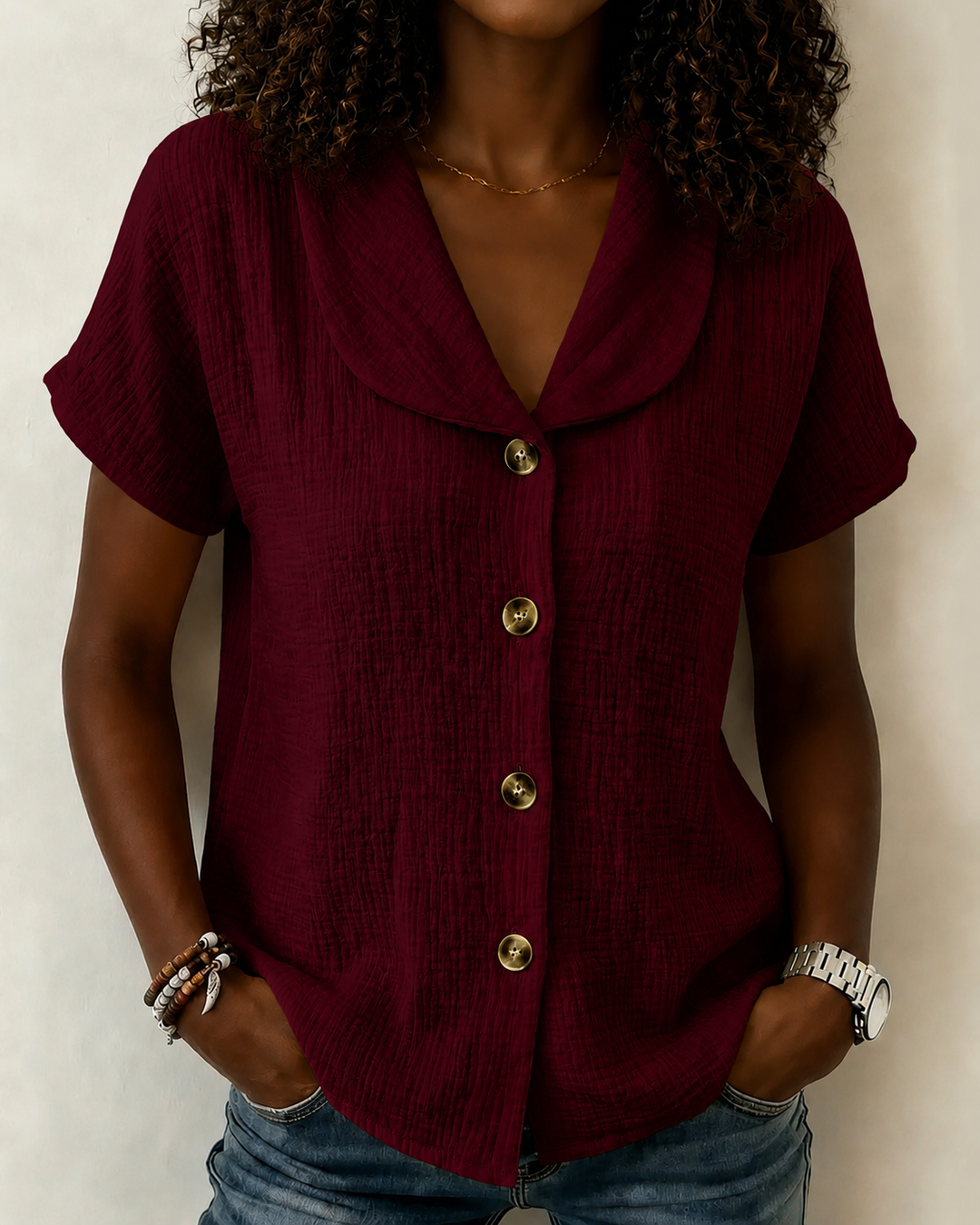 Simple Doll Collar Button Down Short Sleeve Cotton Linen Shirt