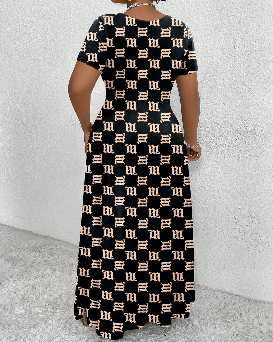 Rose Gold Letters Round Neck Short Sleeve Maxi Dress