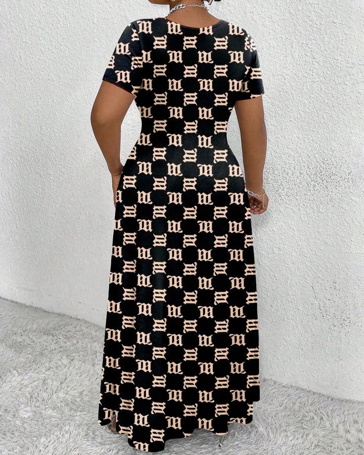 Rose Gold Letters Round Neck Short Sleeve Maxi Dress