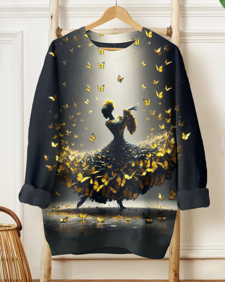 Women's Fashion Yellow Butterfly Dancing Girl Prints Long-sleeved Sweatshirt