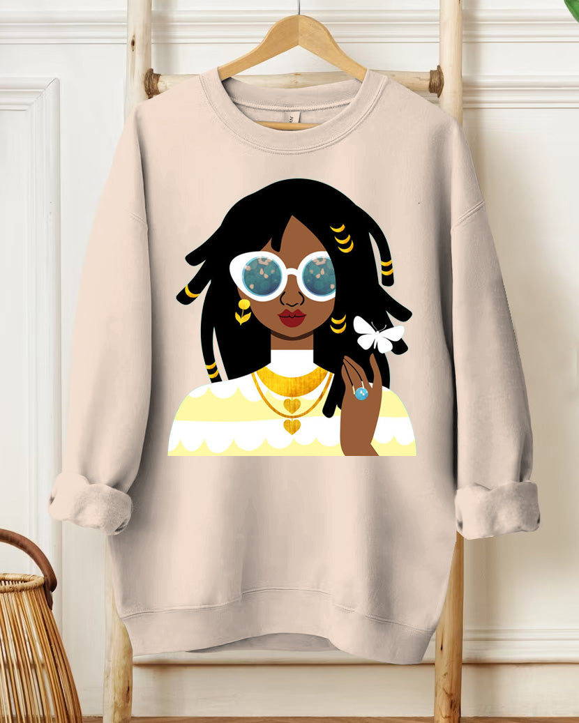 Fashionable long-Sleeved Sweatshirt With Black Girl Illustration Portrait Print