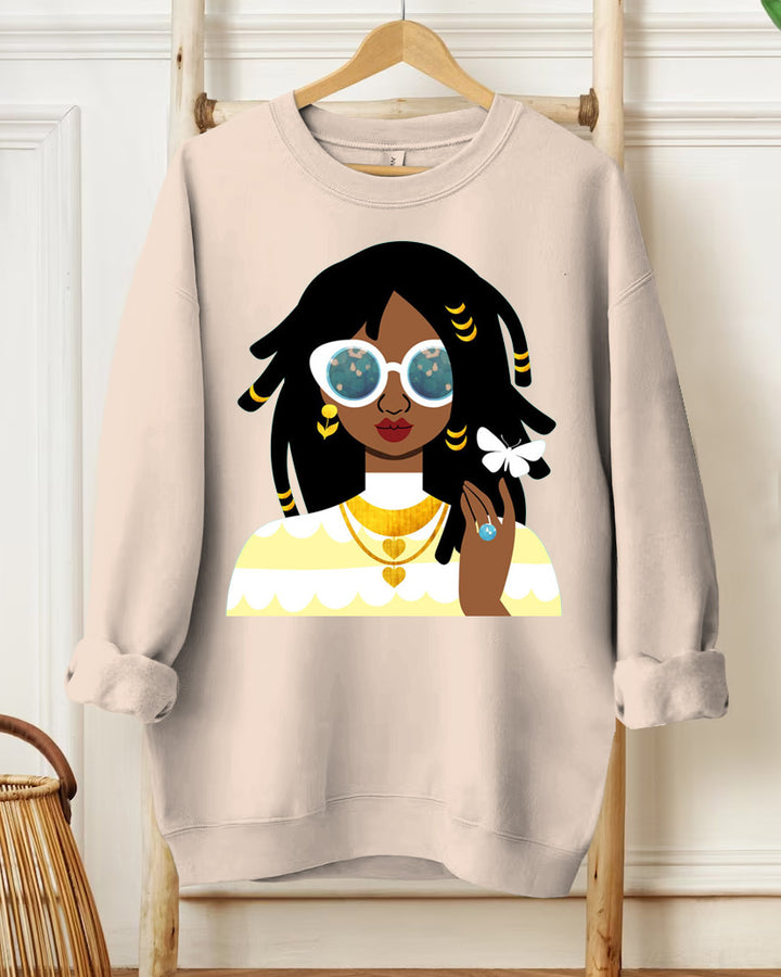 Fashionable long-Sleeved Sweatshirt With Black Girl Illustration Portrait Print