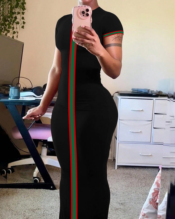 Classic Simple Stripes Casual Short Sleeve Bodycon Dress