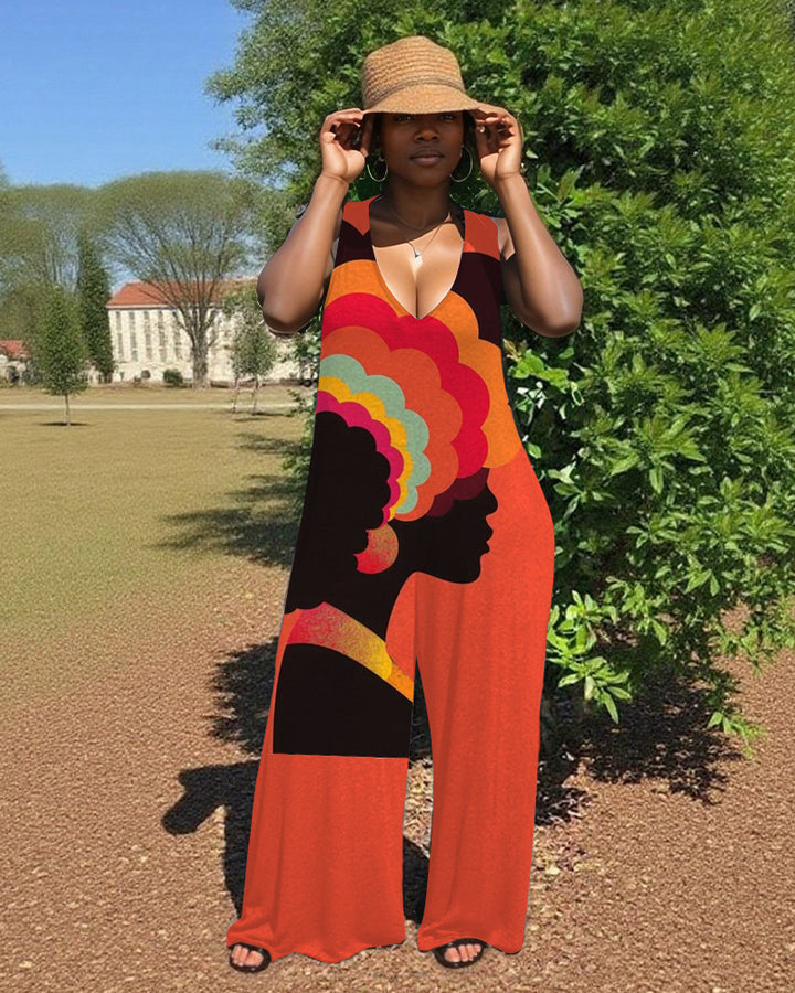 Retro Portrait Print V-Neck Hooded Sleeveless Jumpsuit