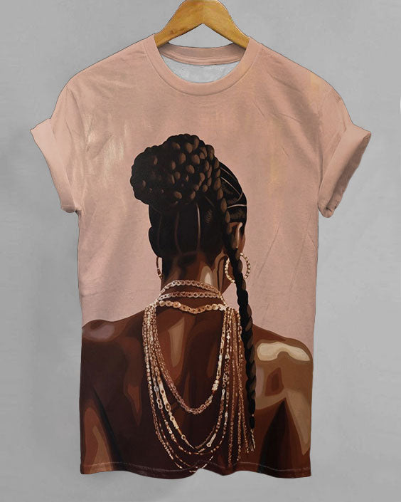Long Braid Gold Necklace Women Short Sleeve Tshirt
