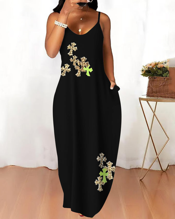 Sling Leopard Cross Pocket Maxi Dress