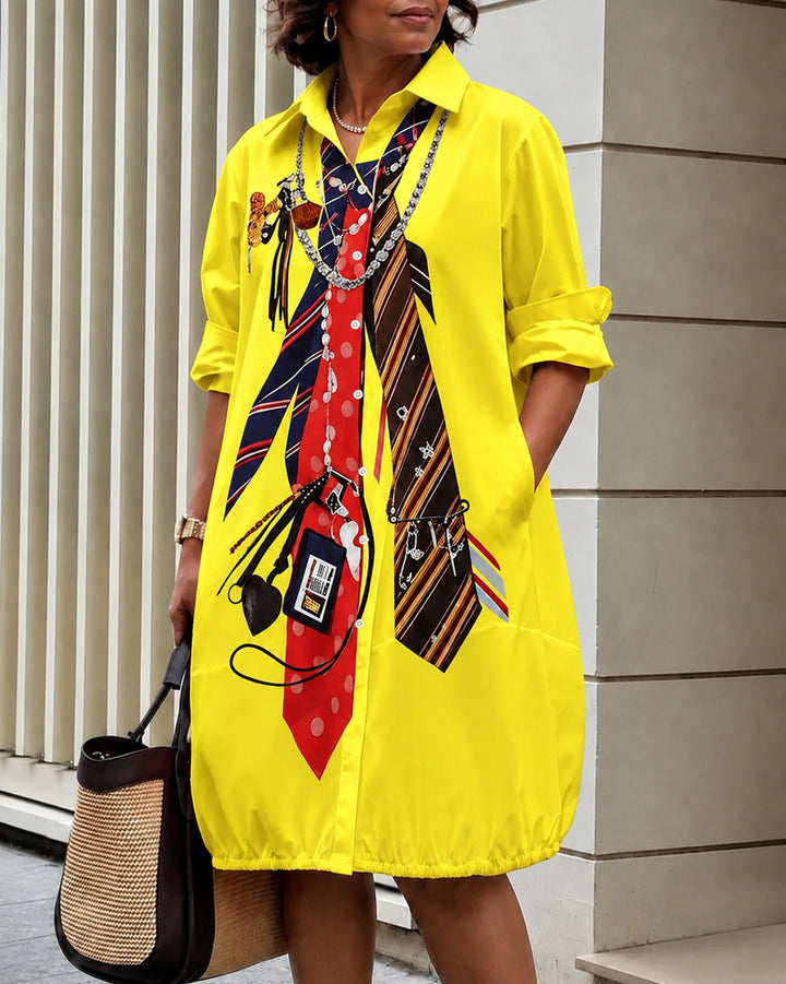 Long Sleeves Loose Buttoned Pockets Printed Lapel Midi Dresses